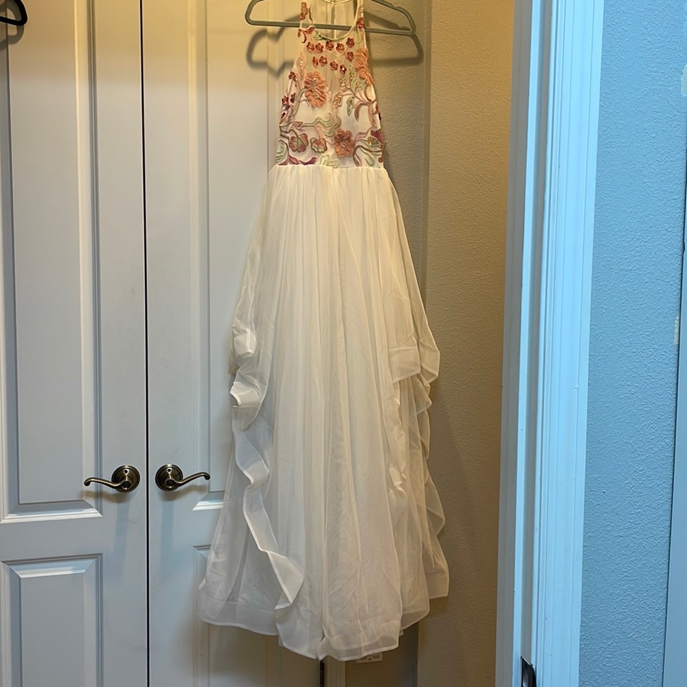 Sequin Hearts, size 7, full length gown, color, white floral embroidered bodice.